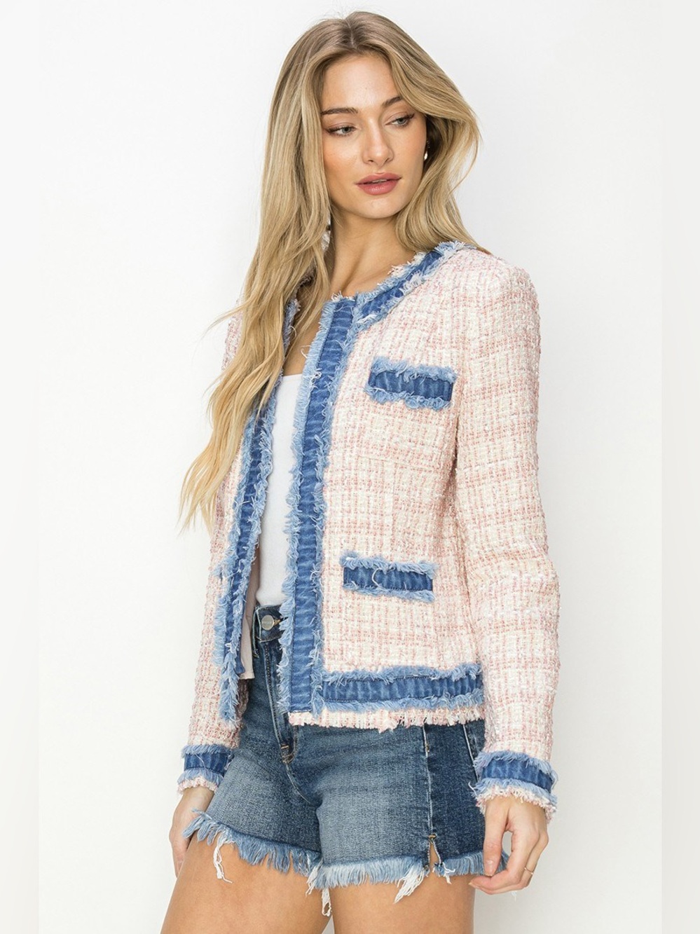 Risen Pink Tweed Fringe-Trim Blazer with Blue Accents - Picture 3 of 6